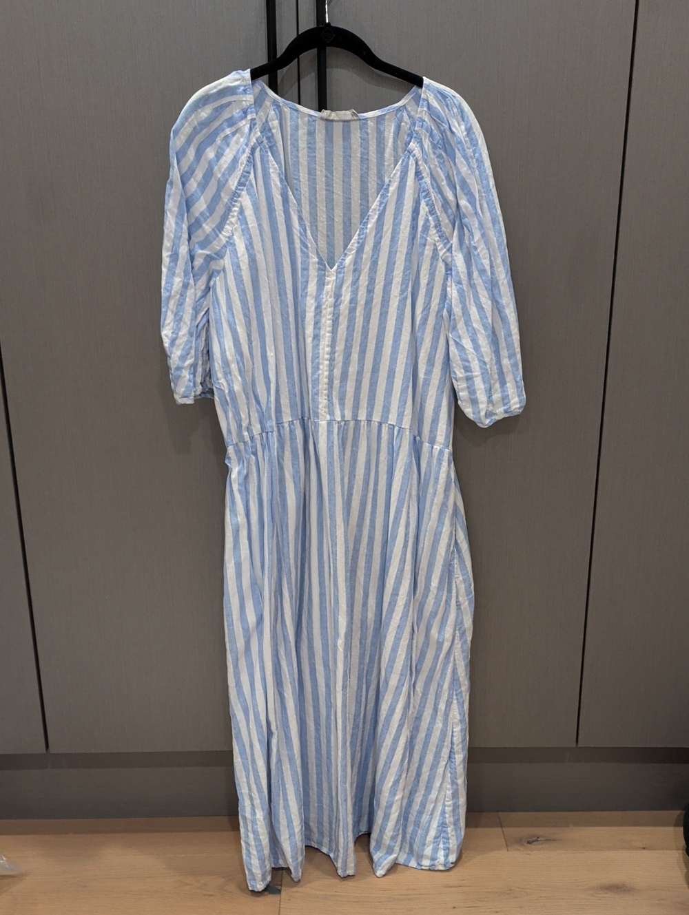 Everlane Blue and White Striped V-Neck Midi Dress